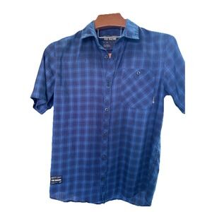 Fox Racing  M Mens Button Up Shirt Blue Plaid Short Sleeve Logos‎
